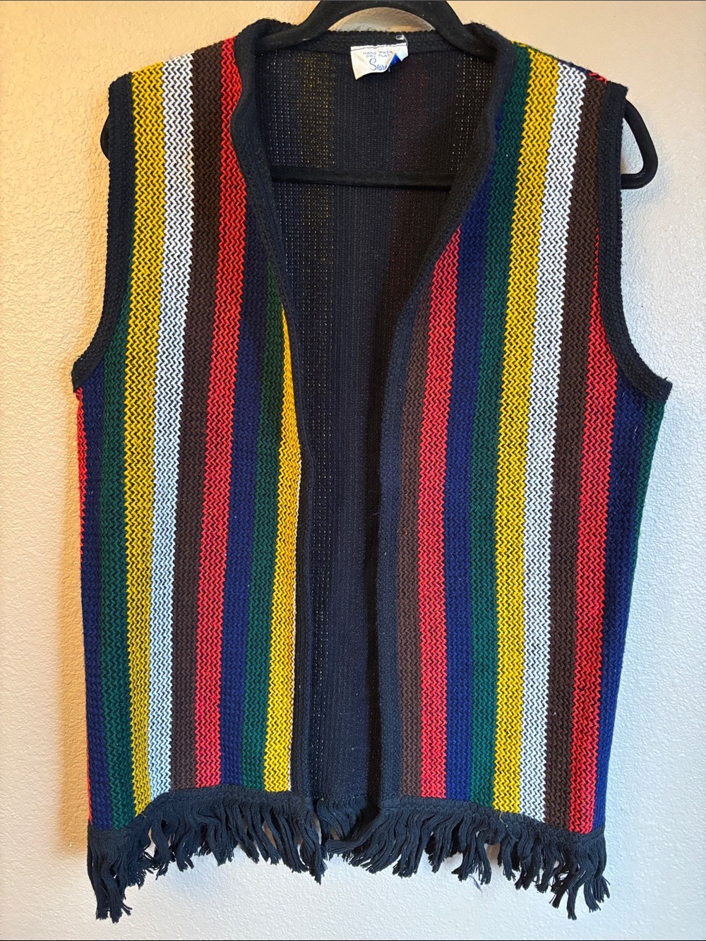 Vintage Sears Multicolor Rainbow Striped Open Front Fringe Sweater Vest
